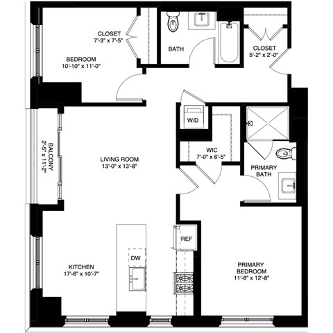 Floor plan for 2 beds, 2 baths, 1123 sqft